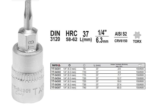 YATO TORX SHANK NØGLE 1/4"" T40x37mm