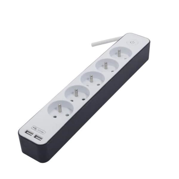 CHACON Power strip 5 uttag 16 A med 2 USB-portar och 1,5 m kabel HO5VV-F 3x1,5 mm² vit och grå
