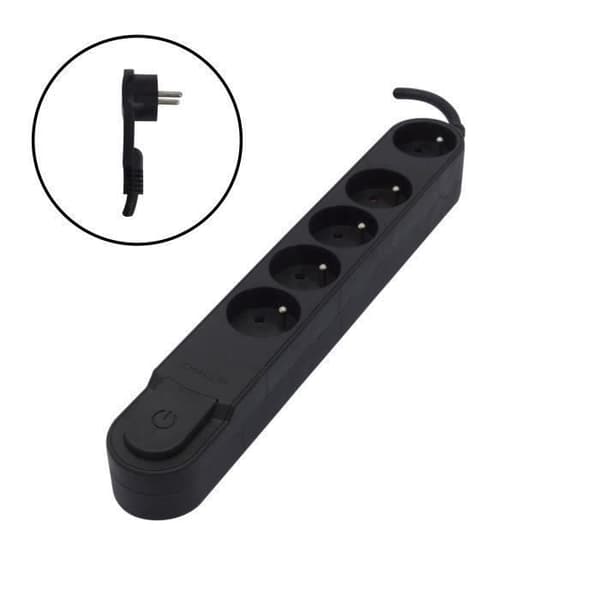 CHACON Power strip 5 uttag 16 A med strömbrytare, flat plugg, 1,5 m kabel HO5VV-F 3x1,5 mm² svart