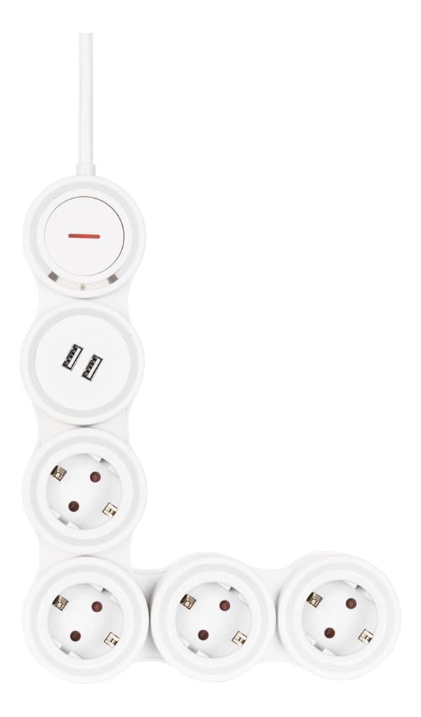 Flexible 4-Socket Power strip, 1.4m, 16A 3500W, 2x USB-A, wh