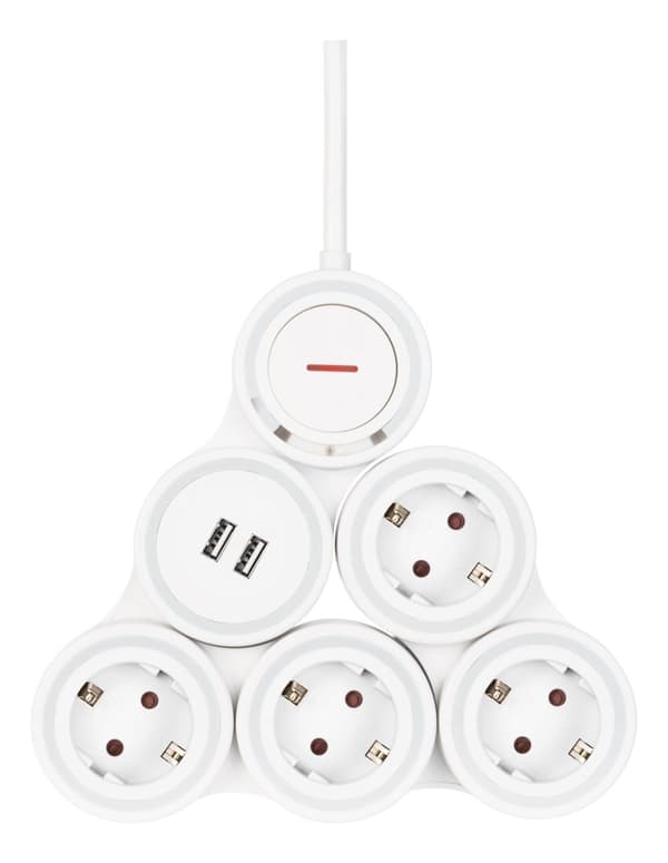 Flexible 4-Socket Power strip, 1.4m, 16A 3500W, 2x USB-A, wh