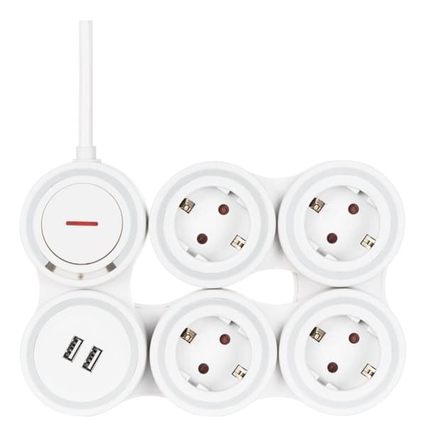 Flexible 4-Socket Power strip, 1.4m, 16A 3500W, 2x USB-A, wh