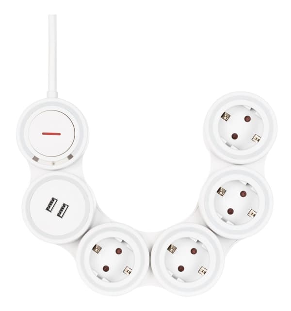 Flexible 4-Socket Power strip, 1.4m, 16A 3500W, 2x USB-A, wh