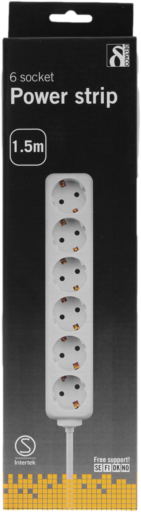 DELTACO strømskinne med <b>6xCEE 7/4 udtag</b>, 1xCEE 7/7 tilslutning