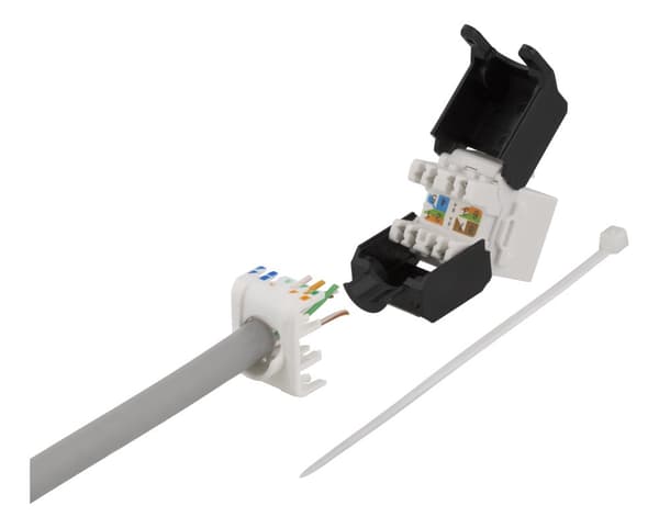 Cat6A Keystone jack, toolless clamp termination, plastic