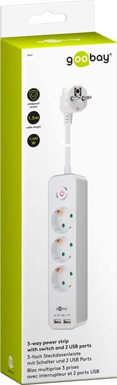 3-suuntainen jatkojohto kytkimellä ja 2 USB-portilla