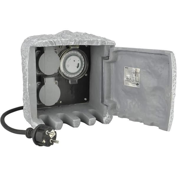 Trädgårdsskenor - uniTEC - Steneffekt - 2 Schuko-uttag - IP44 med timer