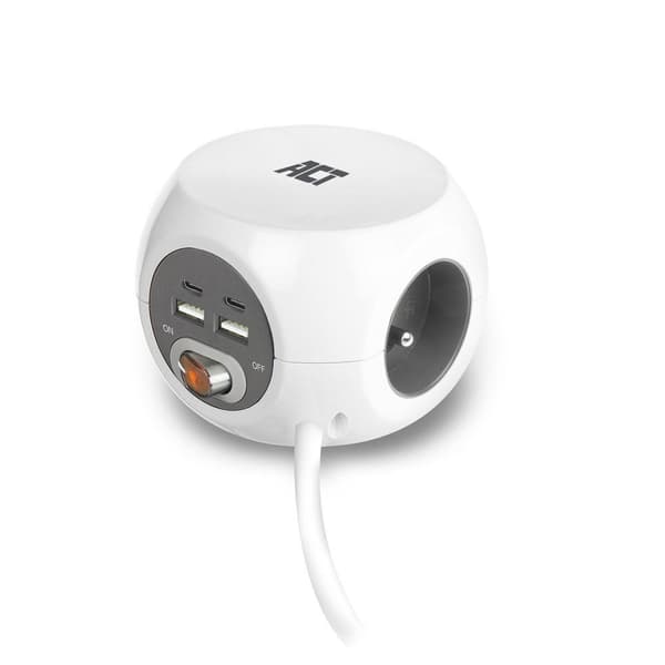 ACT AC2435 Square Power Strip (PDU)/ Power Block | 3 fatninger Type E | USB-C/USB-A-porte | 1,5 meter | hvid
