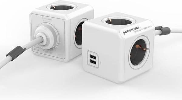 PowerCube Extended Duo USB-uttag - NL/DE (Typ F) - Lämplig för 4 pluggar och 2 USB-portar - Kabel 3 mtr. - Vit grå
