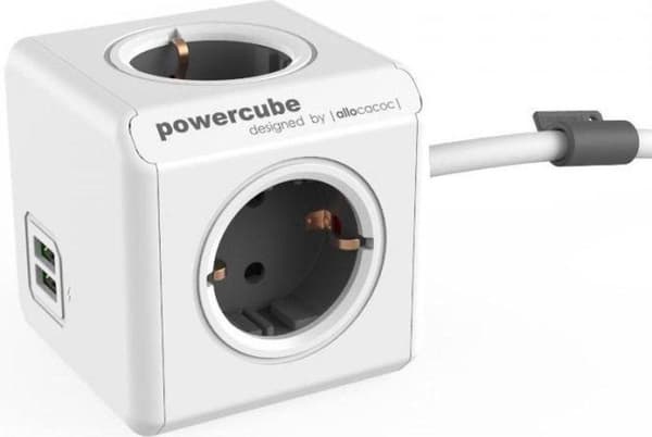 PowerCube Extended Duo USB-uttag - NL/DE (Typ F) - Lämplig för 4 pluggar och 2 USB-portar - Kabel 3 mtr. - Vit grå