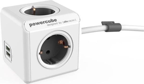 PowerCube Extended Duo USB-uttag - NL/DE (Typ F) - Lämplig för 4 pluggar och 2 USB-portar - Kabel 3 mtr. - Vit grå