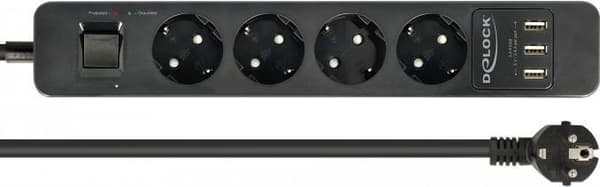 DeLOCK forlængerstik - forlængerledning - AC 250 V - 4000 Watt - indgang, indgang CEE 7/7 - udgangsstik: 4 (3 x USB Type A, 4 x CEE 7/3) - 1,5m - sort