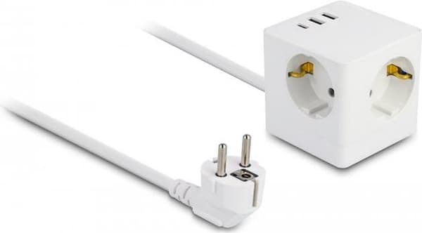 Delock-uttagskub med förlängningskabel trippel och USB-laddare, 1,5 m kabel, vit (11497)