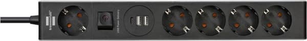 Brennenstuhl 5-vejs strømskinne med USB C strømforsyning og 2 USB 2,4 A (USB C strømskinne til hurtig opladning, 1x USB C strømforsyning, 2x USB 2,4 A