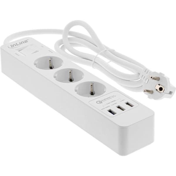 InLine jatkojohto 3 koskettimella ja 3x USB - Quick Charge 3.0 / valkoinen - 1,5 metriä