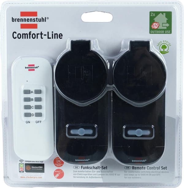 Brennenstuhl Wireless Switch Sæt RC CE1 0201, 2 trådløse stikkontakter (udvendig IP44, med håndholdt sender og højere kontaktbeskyttelse) sort