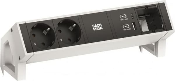Bachmann DESK2 stikdåse farve hvid, svarende til RAL9010 med øget kontaktbeskyttelse 2x stikkontakter med sort jordkontakt 1x USB A&C 22W oplader 1x c