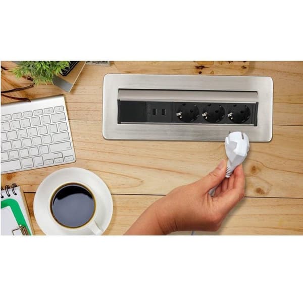 Brennenstuhl Indesk-Power skrivebord forsænket strømskinne med 3 kontakter og 2x USB / aluminium - 2 meter