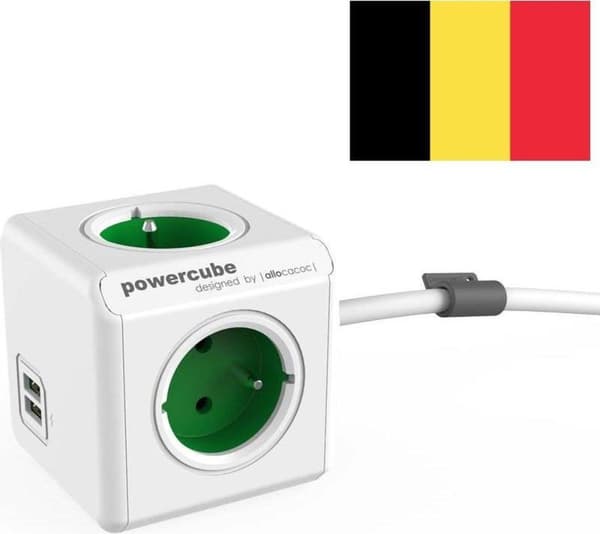 PowerCube Extended Duo USB - 1,5 m kabel - Hvid/Grøn - 3 stik - 2 USB-opladere - Type E med jordstift (Belgien)