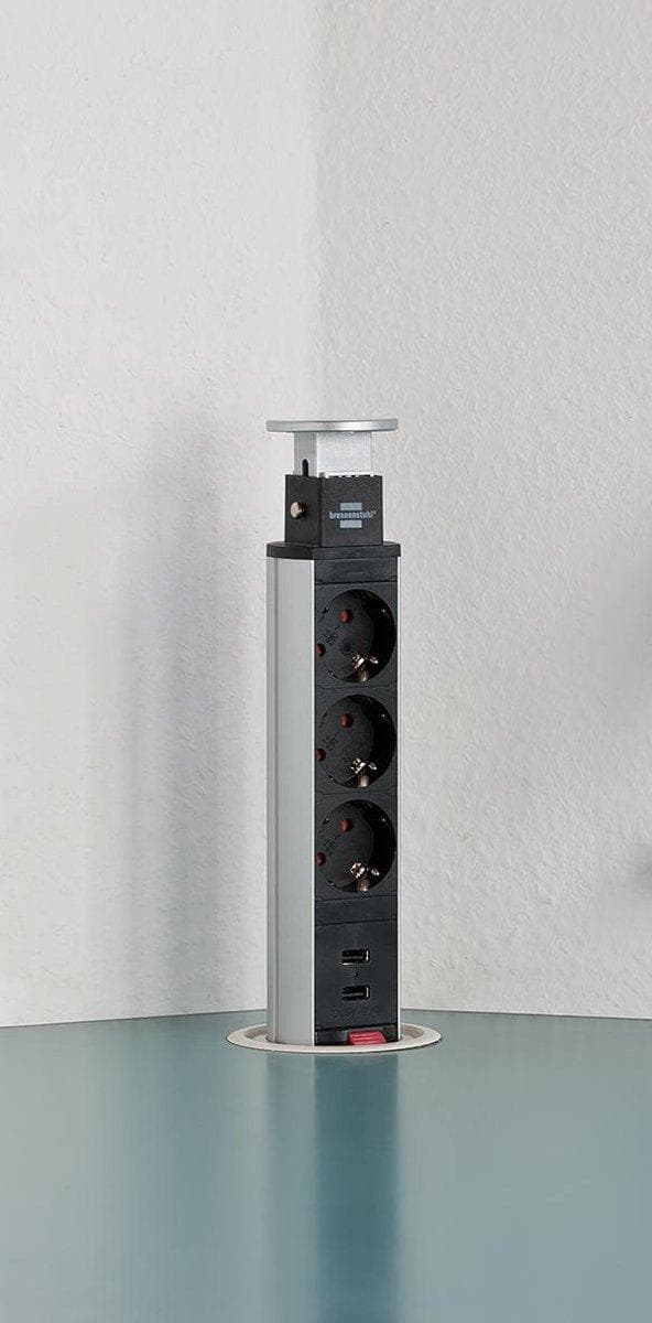 Brennenstuhl Tower Power skrivebord forsænket strømskinne med 3 kontakter og 2x USB / sort - 2 meter
