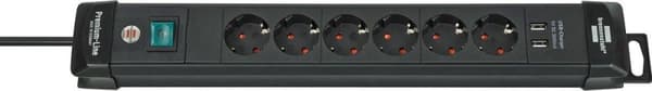 Brennenstuhl Premium-Line strømskinne med 6 kontakter, 2x USB / sort - 3 meter