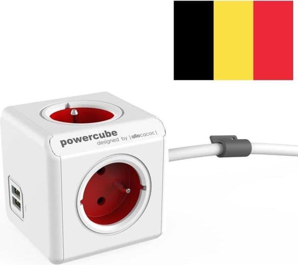 DesignNest PowerCube Extended Duo USB - Type E med jordstift (Belgien) - 1,5 meter kabel - Hvid/Rød - 3 stik - 2 USB-opladere - strømskinne - strømski