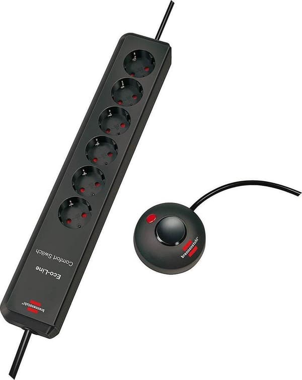 Brennenstuhl Eco-Line Comfort Switch-stik med 6 kontakter og fodkontakt / sort - 2 meter