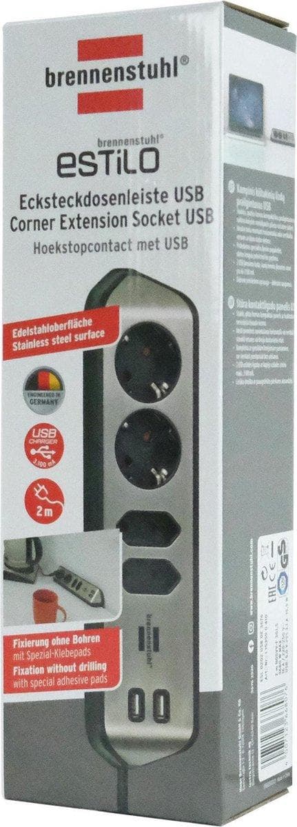 Brennenstuhl estilo hjørnestik 4-vejs til kontor og køkken - sort