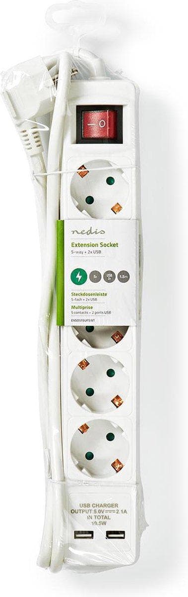 Nedis Power Strip | PG-pistoke / tyyppi F (CEE 7/7) | 5-suuntainen | 1,50 m | 3680W | 16 A | Maadoitustyyppi: Sivukoskettimet | 230 V AC 50/60 Hz | Is