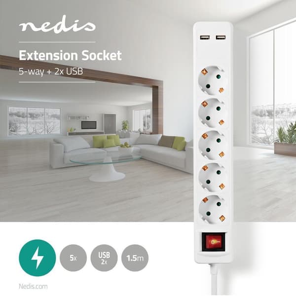Nedis Power Strip | PG-pistoke / tyyppi F (CEE 7/7) | 5-suuntainen | 1,50 m | 3680W | 16 A | Maadoitustyyppi: Sivukoskettimet | 230 V AC 50/60 Hz | Is
