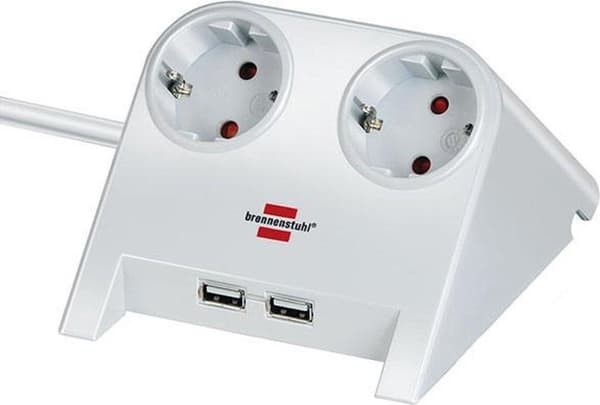 Brennenstuhl Desktop-Power-stik med 2 kontakter og 2x USB / hvid - 1,8 meter