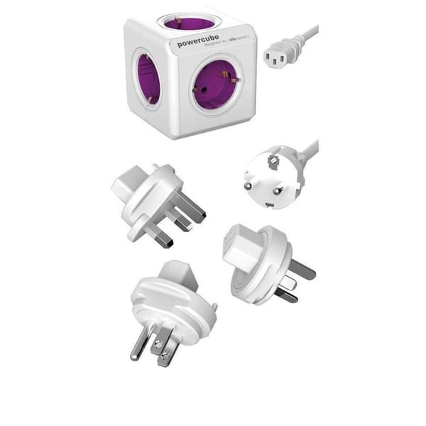 DesignNest PowerCube ReWirable resekontakt + 3x världspluggar + 1 meter IEC EU-kabel DE - Vit/Lila - 5 uttag - världsadapter