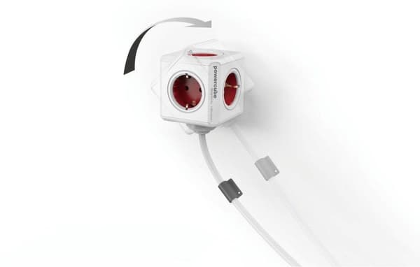 DesignNest PowerCube Förlängd 1,5 meter kabel - vit/röd - 5 uttag Typ F - grenuttag - grenuttag