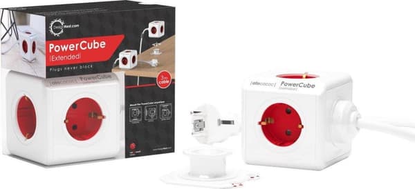 DesignNest PowerCube Förlängd 1,5 meter kabel - vit/röd - 5 uttag Typ F - grenuttag - grenuttag