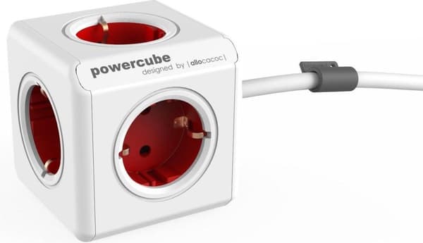 DesignNest PowerCube Förlängd 1,5 meter kabel - vit/röd - 5 uttag Typ F - grenuttag - grenuttag