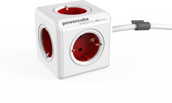 DesignNest PowerCube Förlängd 1,5 meter kabel - vit/röd - 5 uttag Typ F - grenuttag - grenuttag