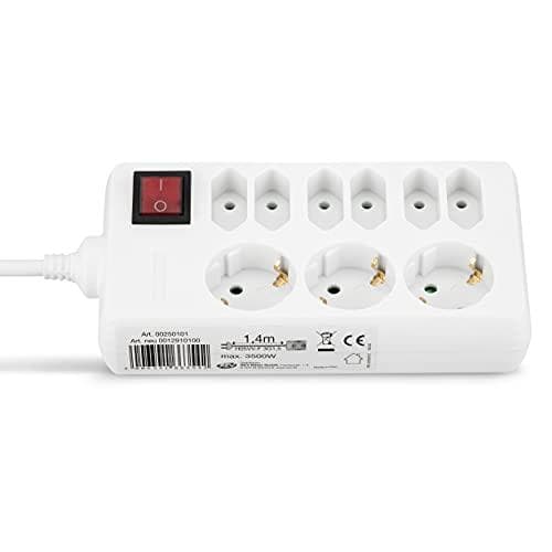 REV 00250101 Strømskinne, 9-vejs stikdåse, kabel 1,4m, max. 3500W, hvid
