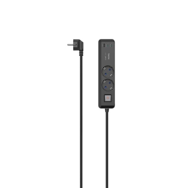 Hama strømskinne, 2-vejs, USB-C/A 65W, PD, kontakt, 1,4 m, sort/grå (00223188)