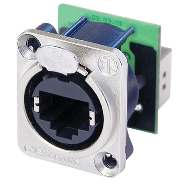 Neutrik RJ45 gennemføringsbeholder, D-formet metalflange med låselås, monteringsskruer inkluderet