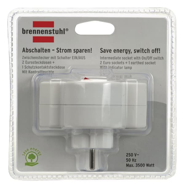 brennenstuhl Stikkontakt Splitter On / Off Kontakt 1 x Stikprop Med Sidebens Jord / 2 x Euro Hvid