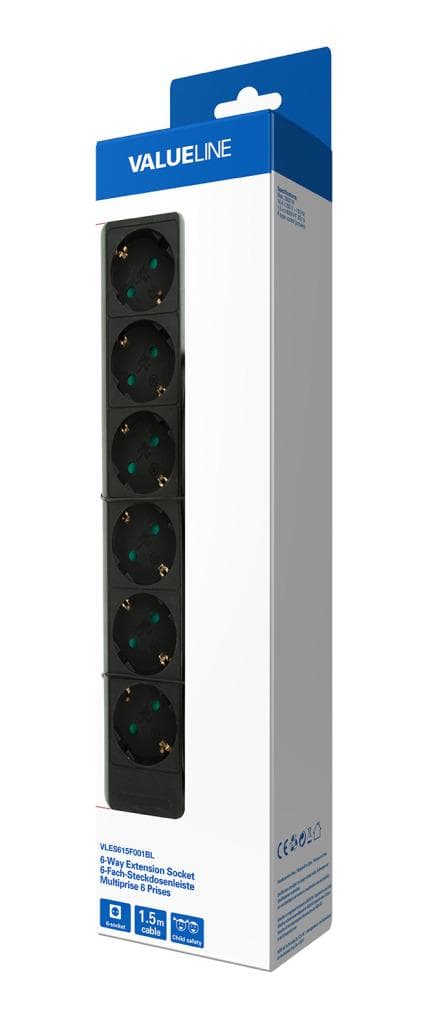 Valueline VLES615F001BL Stikkontakt 6-vejs 1,50 M Sort