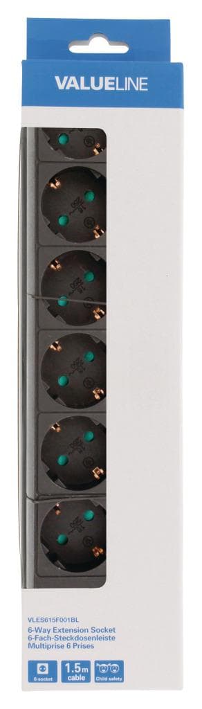 Valueline VLES615F001BL Stikkontakt 6-vejs 1,50 M Sort