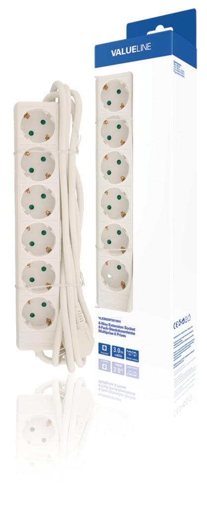 Valueline VLES630F001WH Stikkontakt 6-vejs 3,00 M Hvid