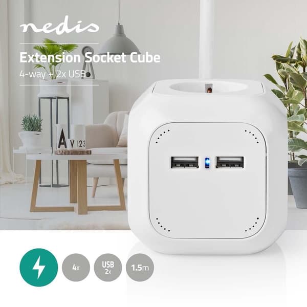 Nedis forlængerstik - 4-vejs - 1,50 m - 3680 W - 16 A (EXSOC415UFWT)