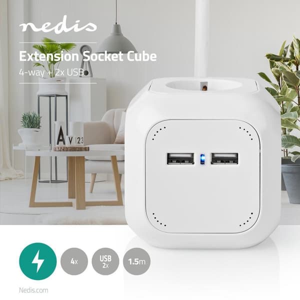 Nedis forlængerstik - 4-vejs - 1,50 m - 3680 W - 16 A (EXSOC415UFWT)