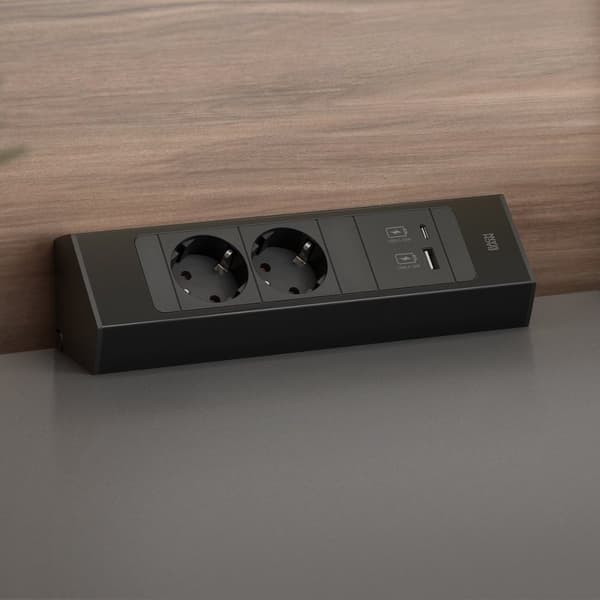Casia 2 kulmaliitin musta, 2 pistorasiaa ja USB-laturit