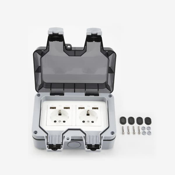 INF Vandtæt stik med Power Switch, Flip Protection og 4 USB-porte Grå