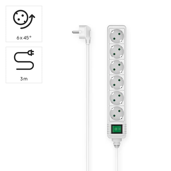 Strømuttak 6-veis Bryter Hvit 3.0m
