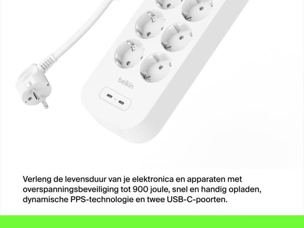 Belkin Spændingsbeskytter med 8 fatninger Hvid 2M (USB-C + USB-C)