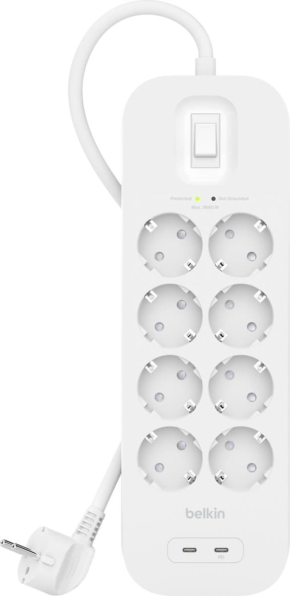 Belkin Spændingsbeskytter med 8 fatninger Hvid 2M (USB-C + USB-C)